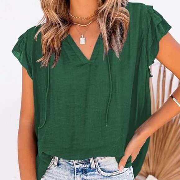Dokotoo V-Neck Top Adjustable Drawstring Ruffled Cap Sleeves Deep Green W US XL - Picture 5 of 7